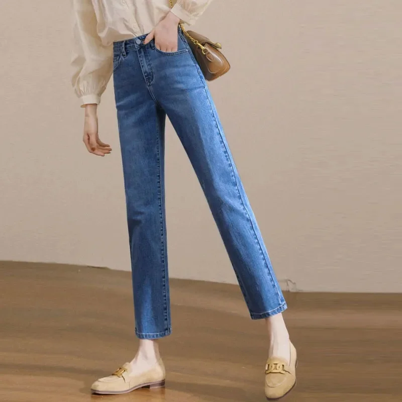Korean-Style Straight-Leg Jeans Women's Vintage High-Waisted Elastic Slimming Cropped Pants Smooth Your Silhouette Autumn/Winter