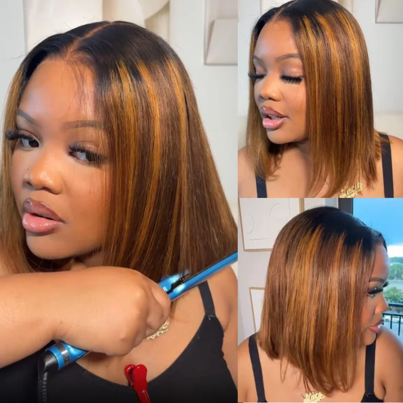 Klaiyi Honey Brown Piano Highlight Bob Wig with Dark Roots 7x5 Bye-Bye Knots Wig Flash Sale