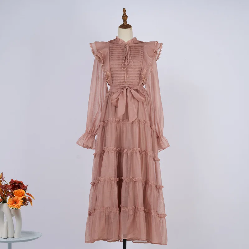 Vestido longo com saia rodada, gola de renda, bainha em camadas, estilo e de bolo, 6 cores, aosfera de conto de fada...