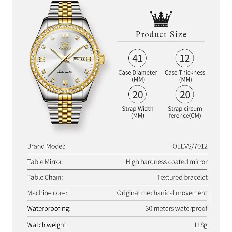 OLEVS Elegant Diamond Watch for Men Automatic Mechanical Men Wristwatch Week Calendar Luminous Stainless Steel Men\'s Watches NEW