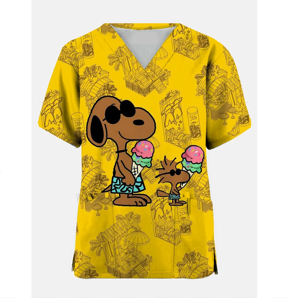 

Women Nurse Uniform Cartoon Snoopy Print V-Neck Pocket Medical Uniforms Cartoon Nursing Scrubs Uniforme Enfermera