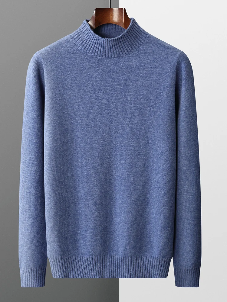 

New 100% Merino Wool Men's Sweater Half High Collar Knitted Pullover Autumn and Winter Thickened Cashmere Clothing Basic Tops