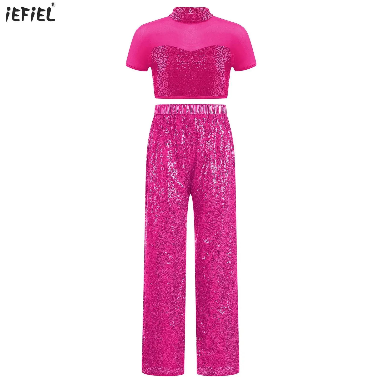 

Kids Girls Jazz Disco Dance Outfit Streetwear Mock Neckline Short Sleeve Mesh Patchwork Cutout Back Shiny Sequins Crop Top+Pants