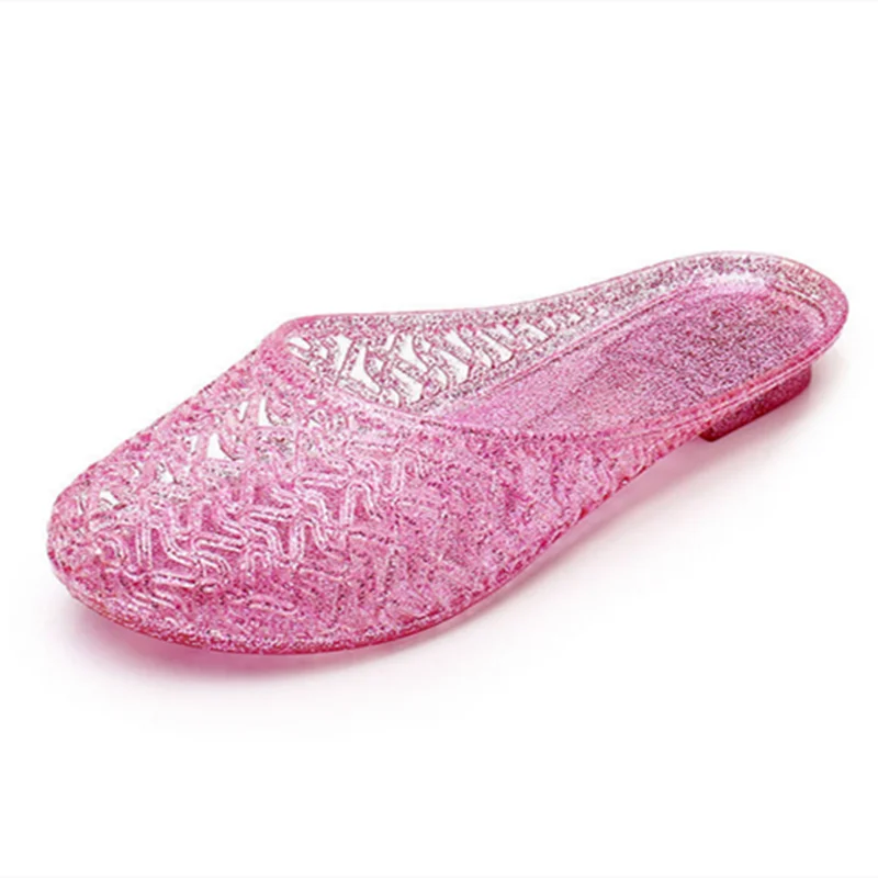 Women Plastic Flats Jelly Crystal Round Toe Slippers Hollow Raining Day Antiskip Slides Wide Fitting Slip-On Gold Red Pinkish 41