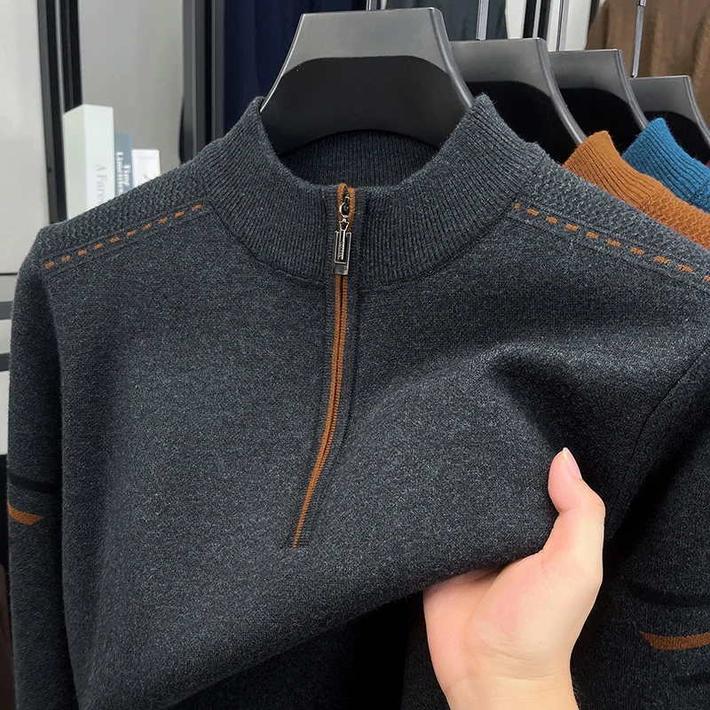 

Original Luxury Men's Half Zipper Thicken Knitt Sweater Autumn Winter New Fashion Color Contrast Long Sleeve Casual Menswear Top