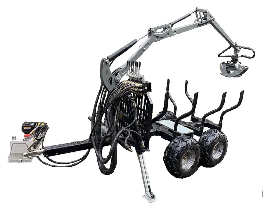 Heavy‑Duty ATV Log Trailer With Hydraulic Crane Grapple Hydraulic Support Legs Log Transport Trailer for Forest Farm Use