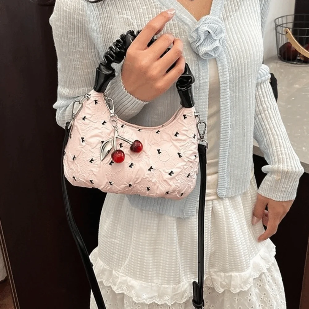 

Fashion Korean Style Bowknot Shoulder Bag Sweet Cherry Pendant Women's Crossbody Bag Versatile Leisure Underarm Handbag Summer