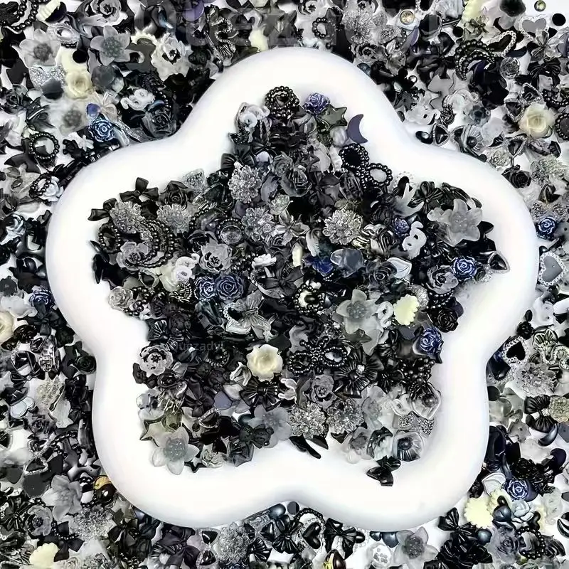 50g Black White Mixed Nail Charms - Gothic 3D Rose/Bow/Heart Resin Decorations, Flatback Charms for Manicure DIY