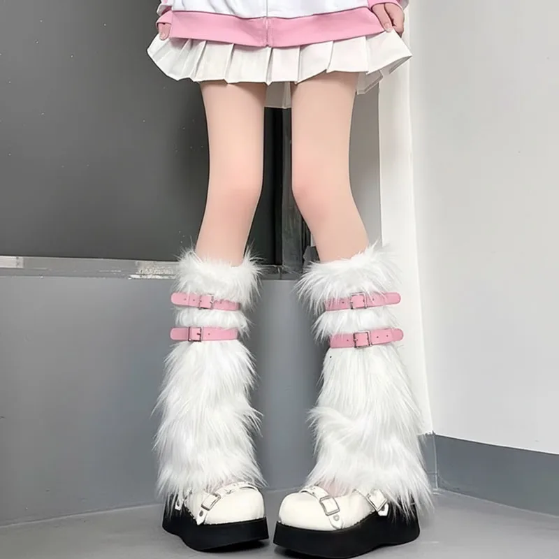 

Y2K плюшевые носки из искусственной кожи с пряжкой, теплые гетры до середины икры, идеально подходящие для JK, наряды для рождественской вечеринки