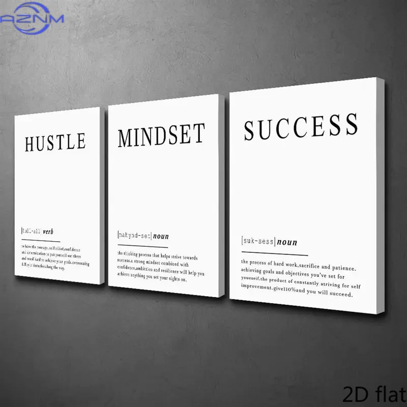 3pcs of 2D Flat-print Decorative Paintings, HUSTLE, Mindset, Success, Office Motivational Quotes, Positive Encouragement Poster
