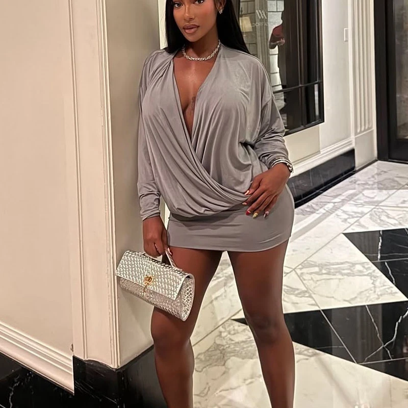 

STYLISH LADY Elegant Party Dress 2025 Autumn Women Long Sleeve V Neck Gray Brown Bodycon Mini Dresses