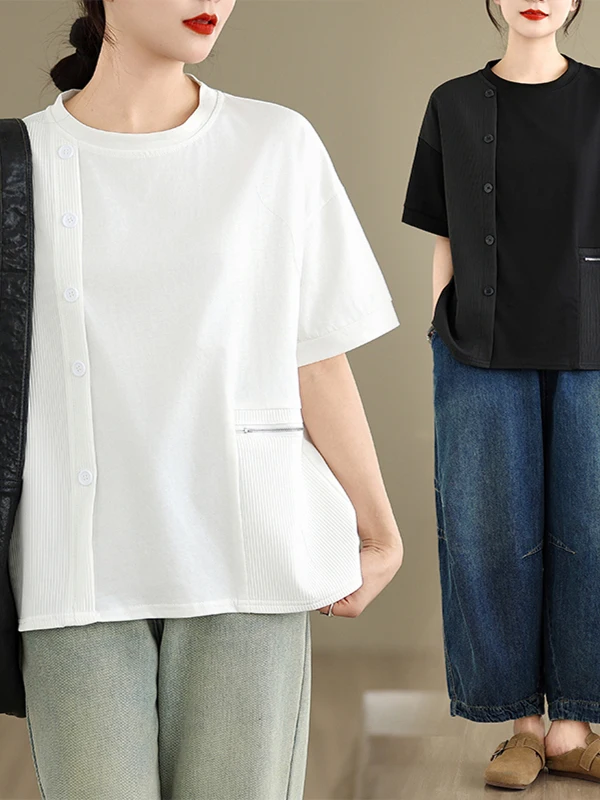 Verão novo plus size casual versátil jovem moda retalhos solto f manga curta cseta topo estilo coreano