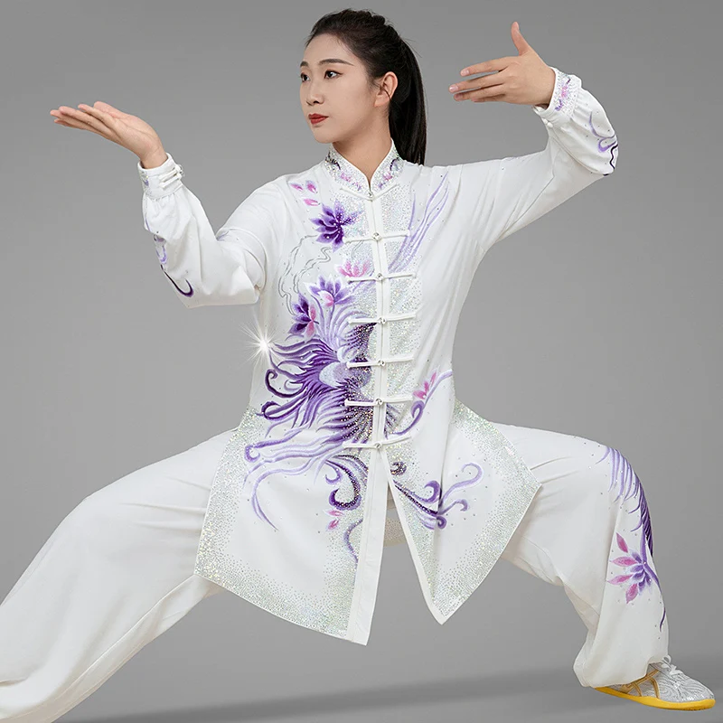 Women's White Embroidered Lotus Phoenix Tai Chi Suit - High-End Heavy Rhinestone Double Silk Hemp Spring Summer Practice Uniform