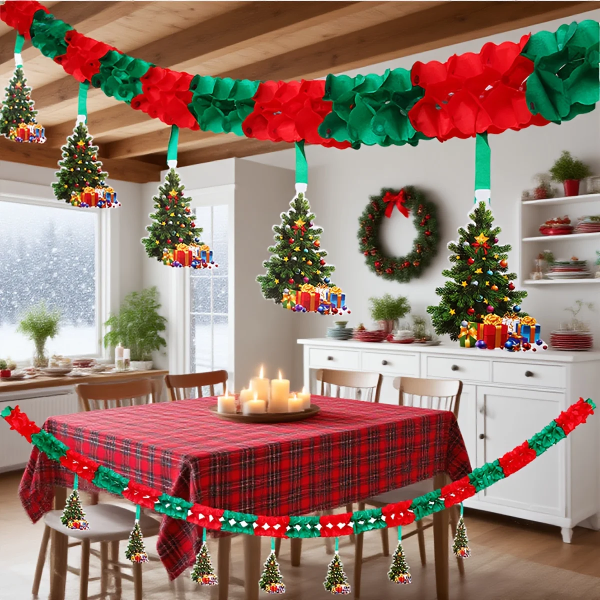 1pc 3M Christmas Santa Paper Garland Banner Red Green Honeycomb Pull Flag Home Window Party Hanging Decor Supplies Ornament