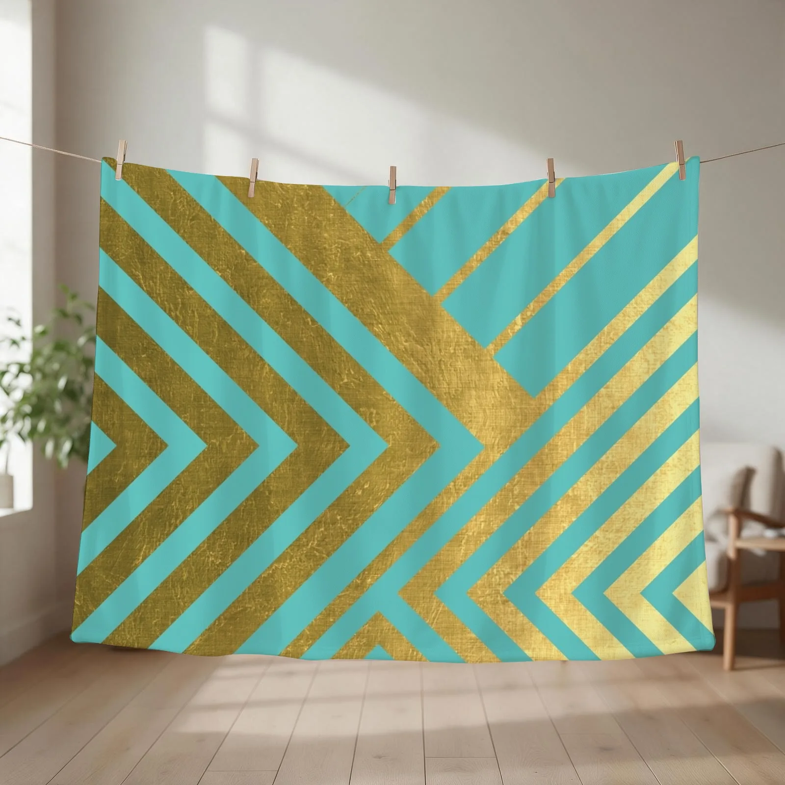 Turquoise and Gold Geometric Luxe Throw Blanket couch cozy soft plush fuzzy picnic outdoor blanket