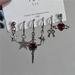 6PCS Gothic Red Crystal Heart Cross Star Pendant Earrings Set For Women Men Trend Punk Grunge Y2K Aesthetic Jewelry Accessories