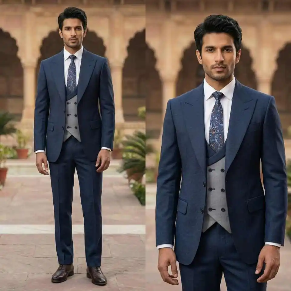 

Stylish Peaked Lapel Men's Suit 3-Piece Single-Breasted Formal Business Wedding Suit Contrast Blazer Vest Pants Set Customized
