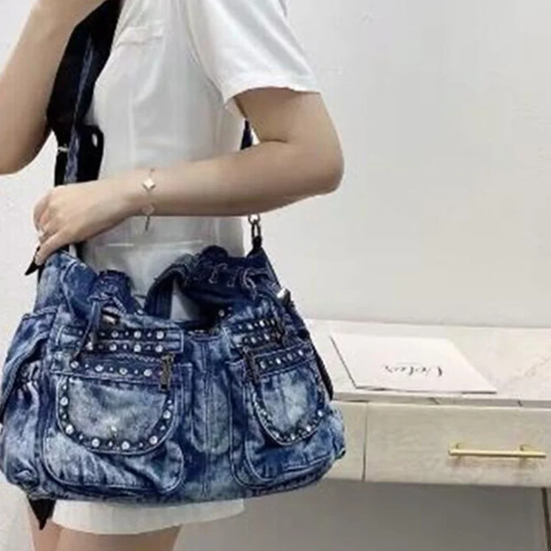 

New denim Women Shoulder Bag Vintage Rivet Decoration Denim Tote Large Capacity Handbag Hobo