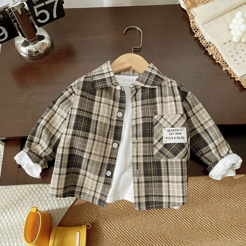 IENENS Toddler Baby Shirt Thin Clothes Spring Clothing Infant Boy Plaid Cotton Tops 1 2 3 4 Years Kids Long Sleeves Shirt