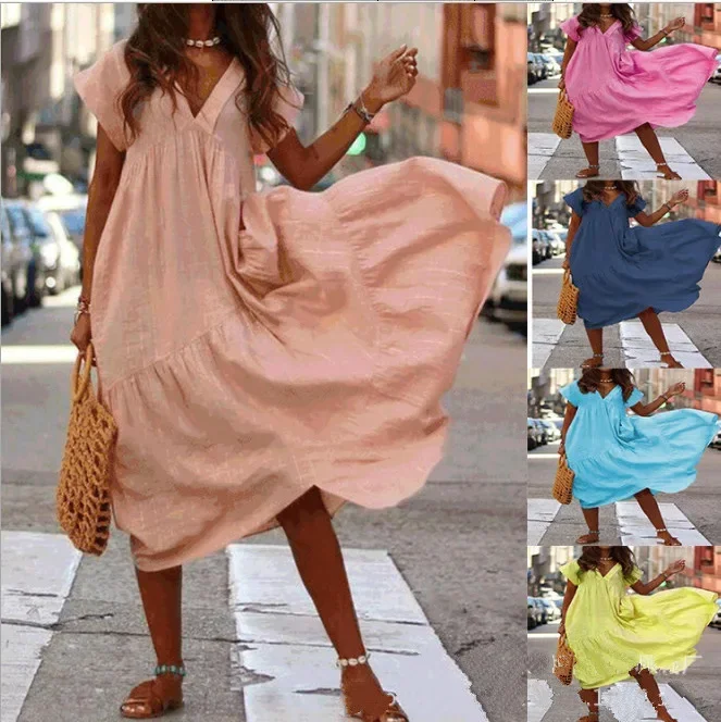 

V Neck Summer Dress Women Casual Short Sleeve Plus Size Woman Dress A-Line Ruffles Maxi Dresses for Women 2024 robe femme -Q70