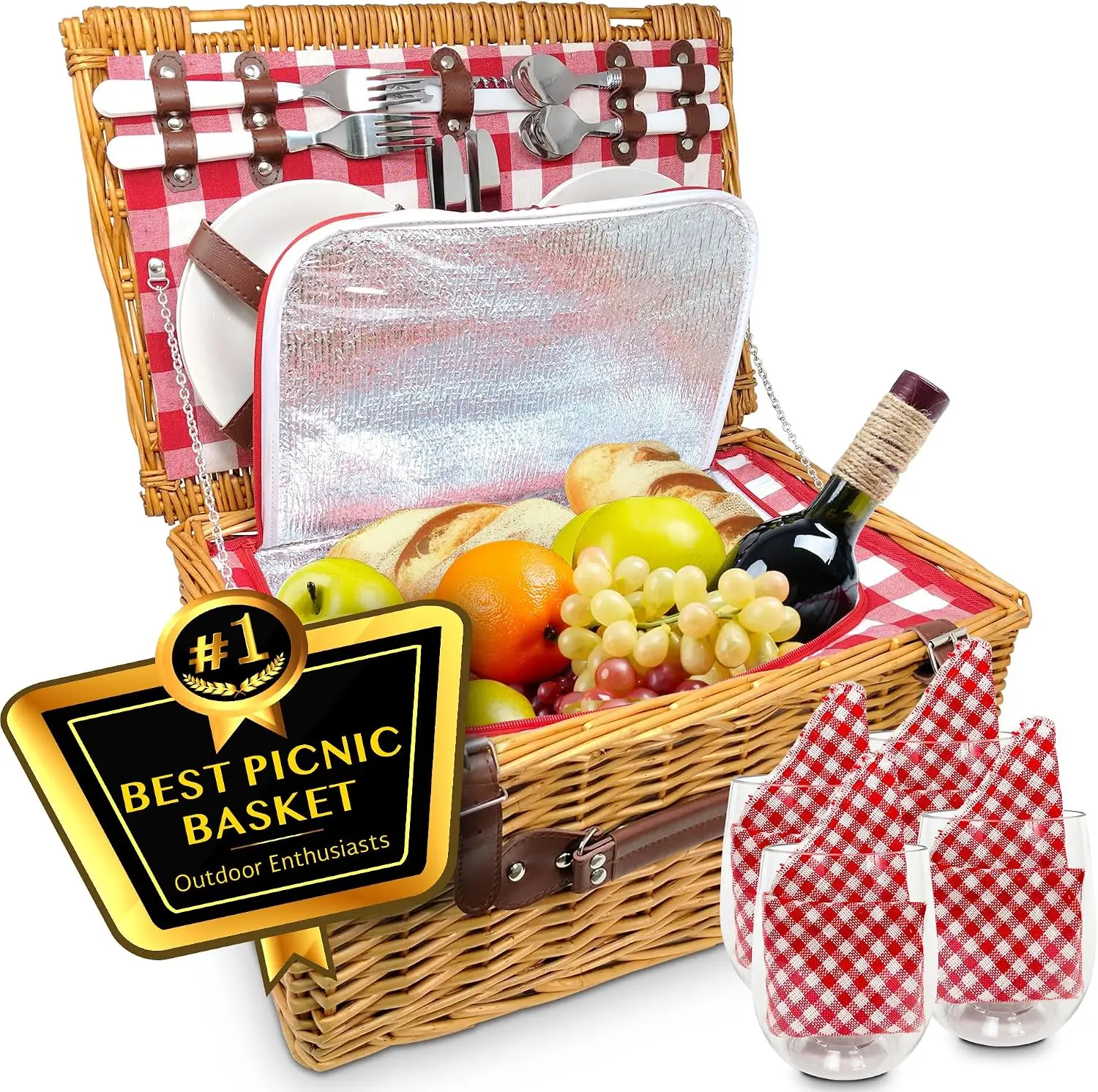 Picnic Basket Set for 4, Insulated Wicker Basket with Handle for Outdoor Use, Woven Picnic Basket Includes Dinnerware and Wine Glasses Service Kit, Red and White