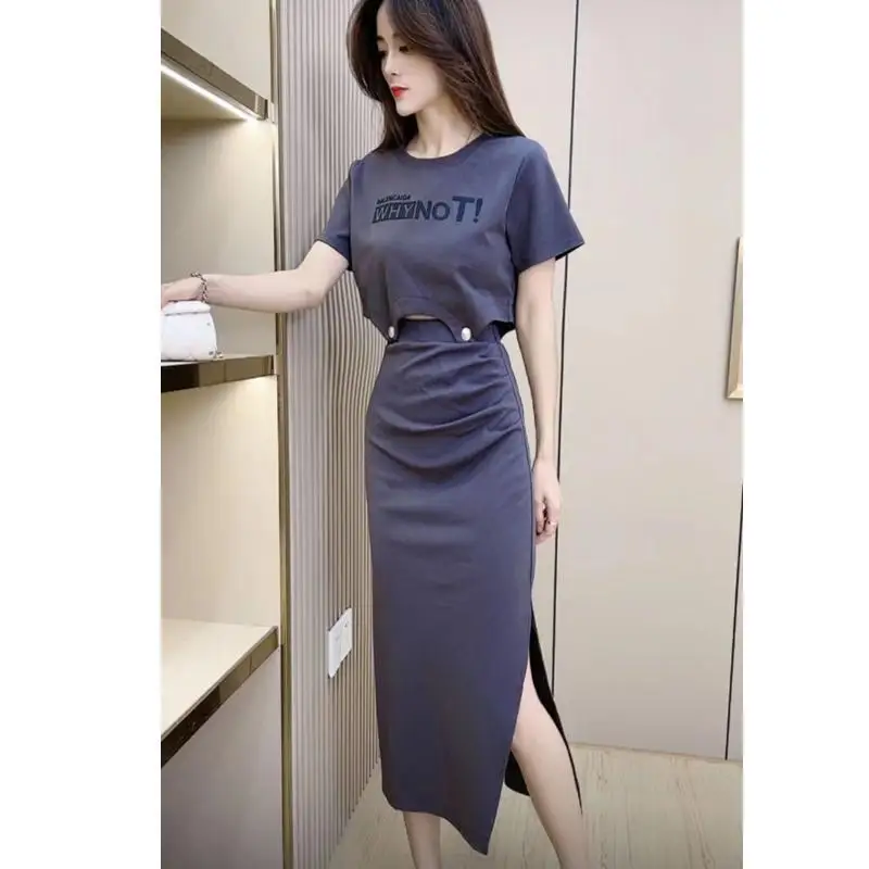 2023 Summer New Suit Women\'s Korean Letter-printed Short-sleeved T-shirt Medium and Long Slit Two-piece Set New in Matching Sets