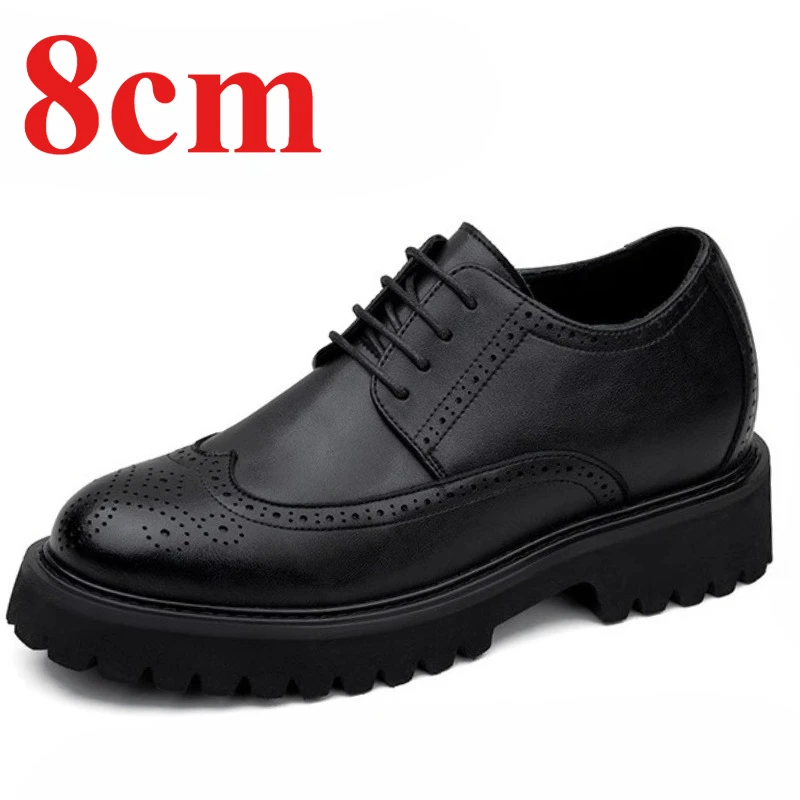 

British Style Black 8cm Elevator Shoes for Men's Invisible Height Increasing Business Casual Shoes Thick Soled Wedding Shoes Man
