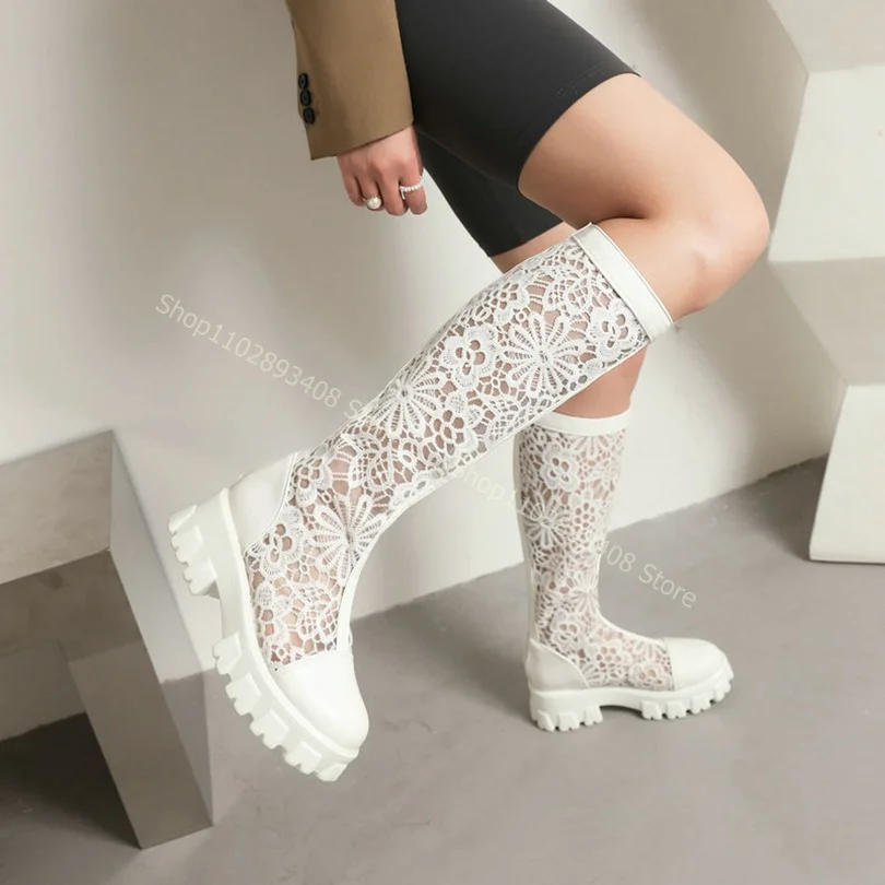 White Lace Round Toe Combat Boots Back Zipper Solid Chunky Heels Hollow Women Autumn Big Size Shoes 2023 Zapatos Para Mujere