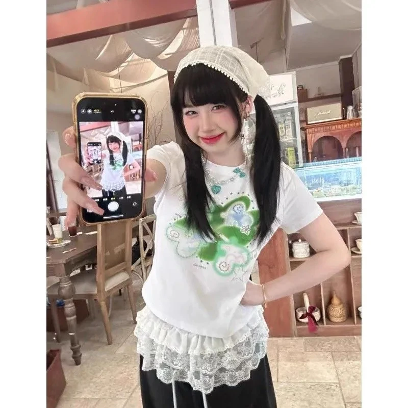 Koreanische Ins Gedruckt Kurzarm Weiß T-shirt Frauen Japanischen Y2k Ästhetischen Slim Fit Crop Top Vintage Süße Casual Tees