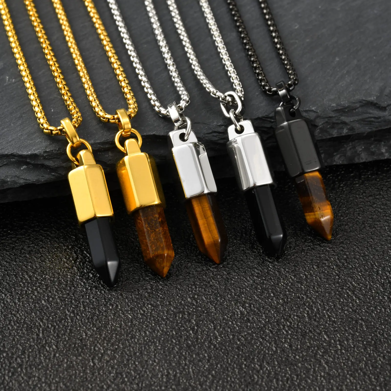 Trendige geometrische unregelmäßige Edelstahl-Halskette für Herren, hochwertiger schwarzer Achat-Tigerauge-Naturstein-Anhänger-Schmuck – Detail 5