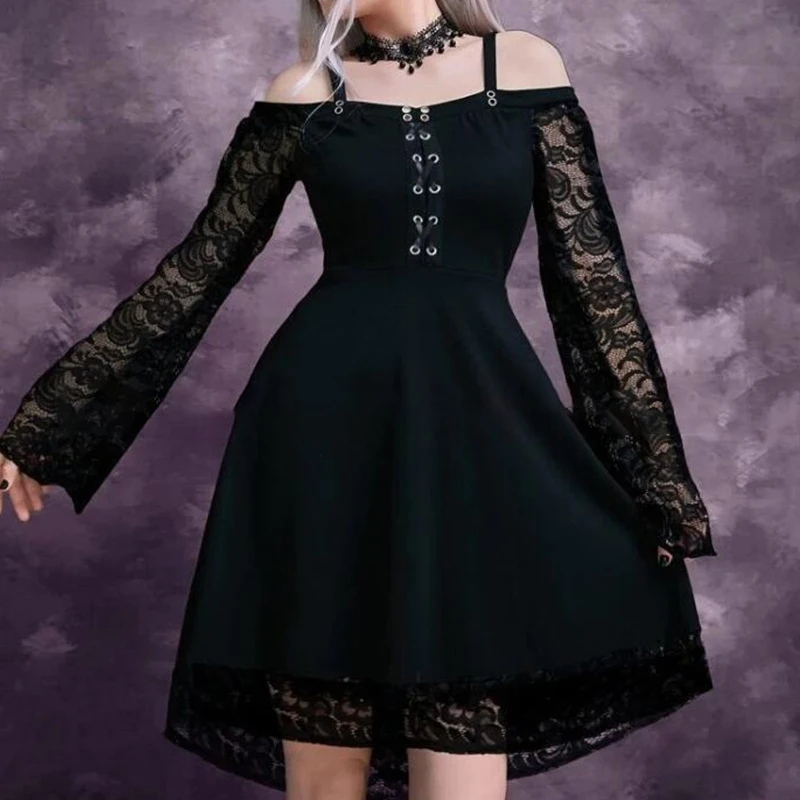 Minivestido gótico de verano para mujer, Vestido Sexy de talla grande con hombros descubiertos, vestidos ajustados de encaje con manga acampanada, Vestido de fiesta de talla grande