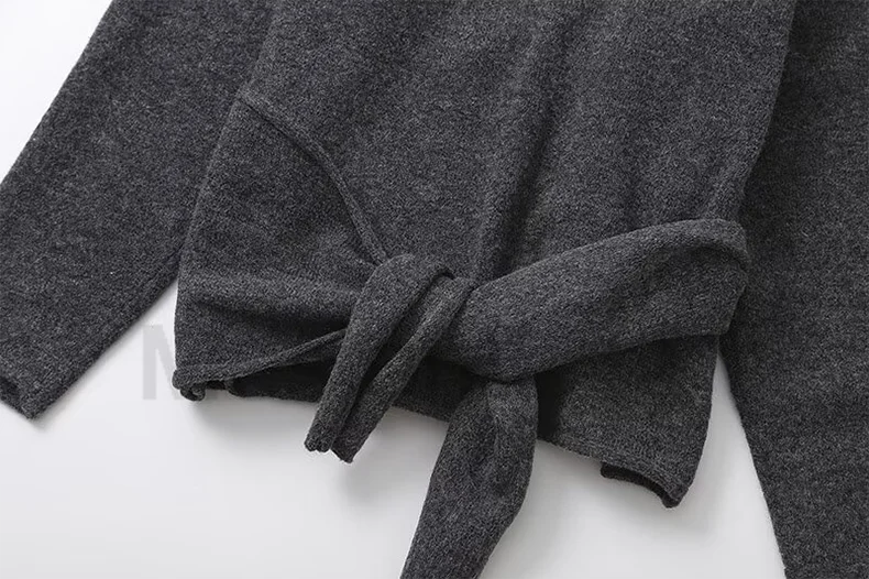 MD Women\'s Cardigan Grey simple long-sleeved V-neck tie knitted Wool sweater Loose Sweater Women Wool Crop Cardigan Top