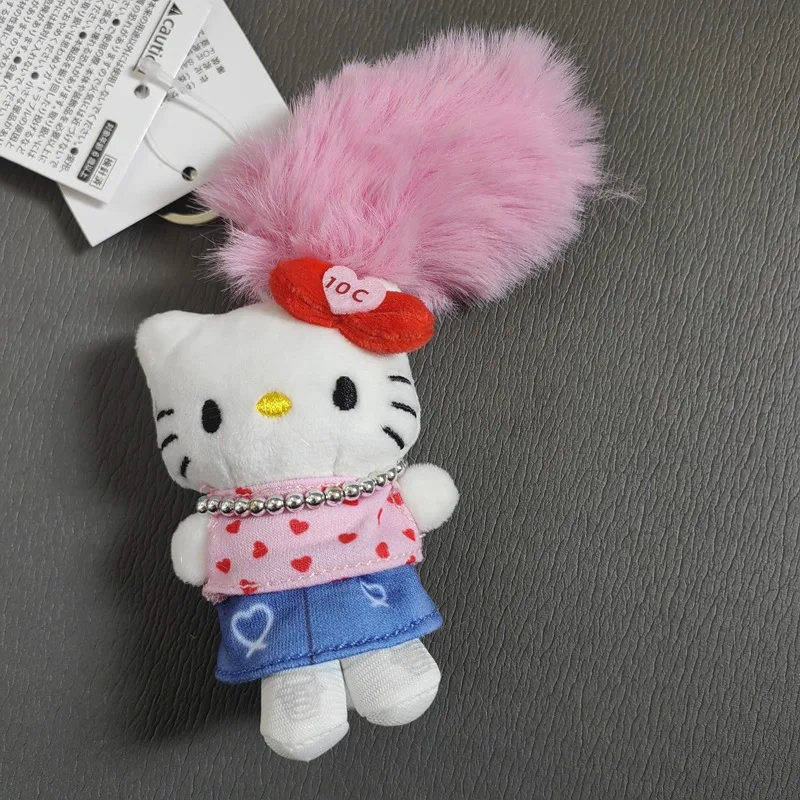 Zwart lederen huid Hello Kitty roze luipaard badmode stijl knuffels hanger schattige engel Kitty kat gevulde pop sleutelhanger