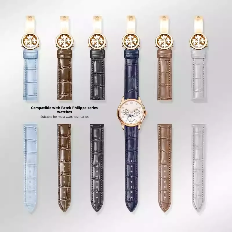 Premium quality luxury genuine leather watch strap for Patek Philippe series watches solid stainless steel buckle watch bracelet