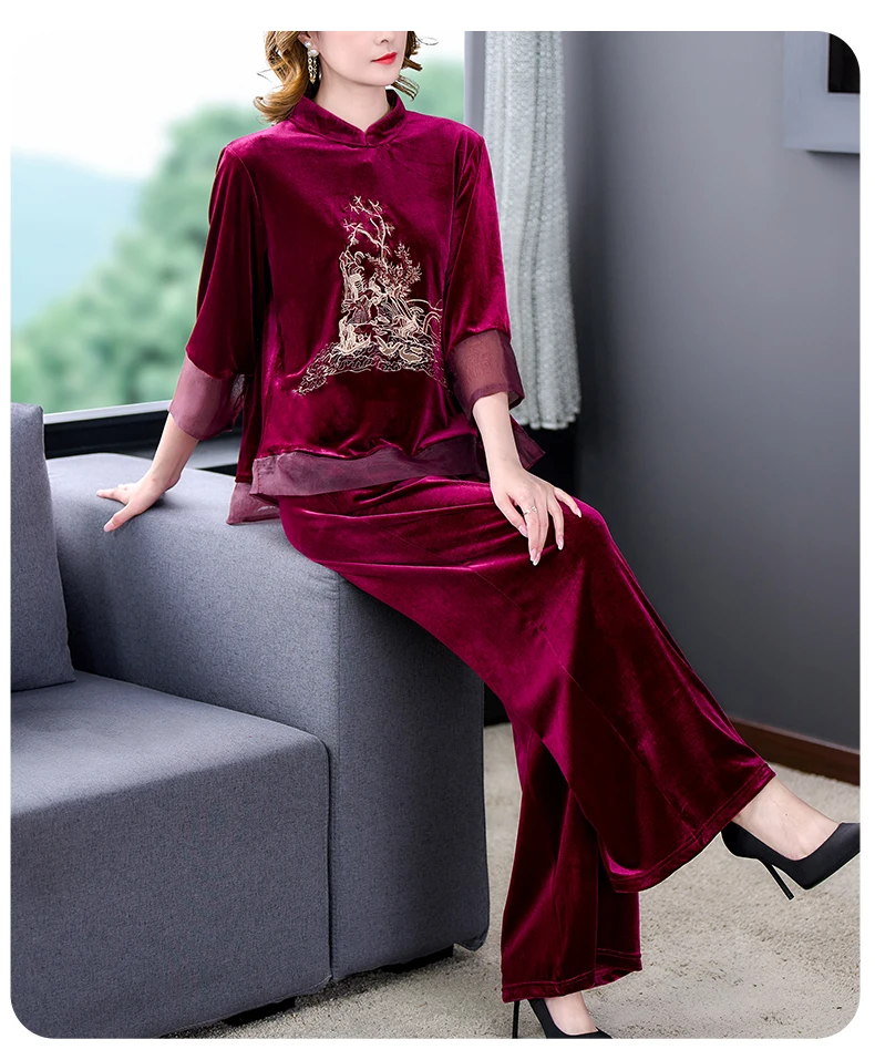 ZUO MAN RU Autumn Gold Velvet Suit Women's Spring And Autumn Large Size Wide Wife Temperament Noble Top Two-Piece Set