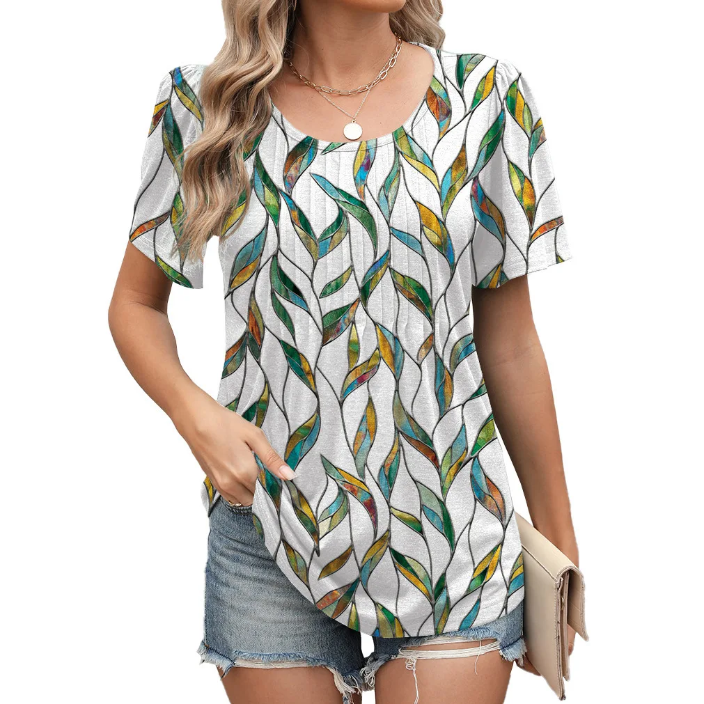 

Spring Summer Women's New Round Neck Pleated Floral Print Short Sleeved Round Neck Casual T-shirt Top Shirts for Women