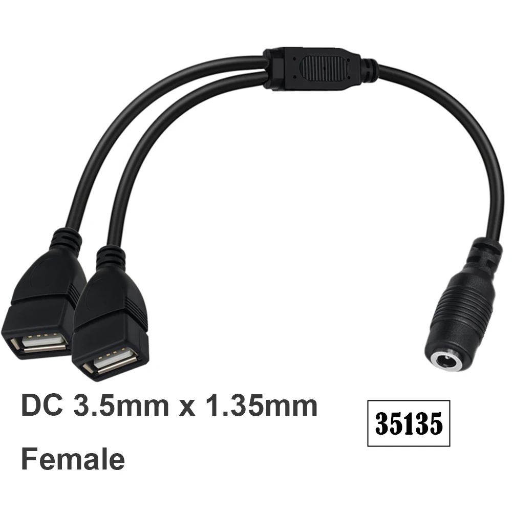 DC 3.5mm X 1.35mm Female to 2 Dual USB A Female Power Charging Y Splitter Adapter Cable Router LED Light Strip Phone Camera Fan