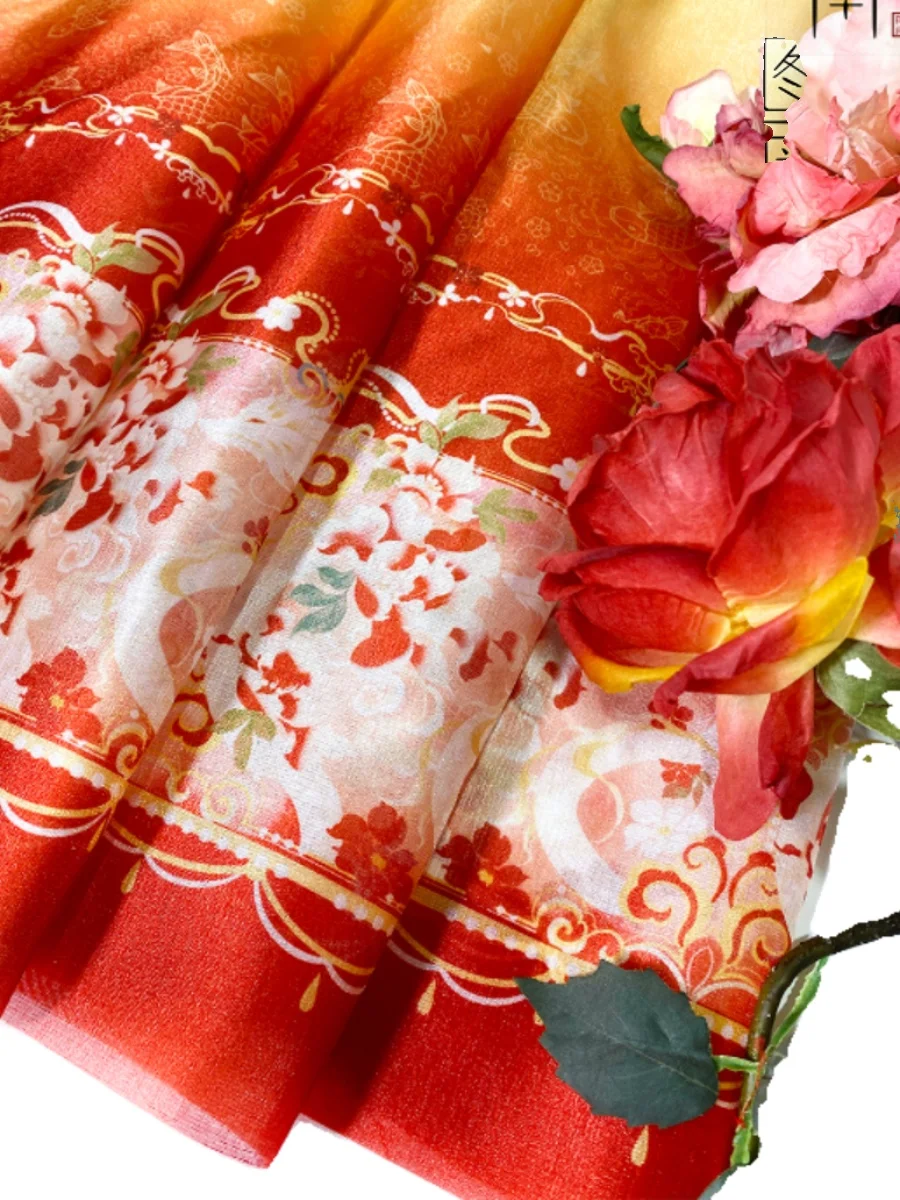 Chinese classical style  Printed chiffon Camellia sinensis embroidery fabric DIY hanfu shirts doll cloth 1meter