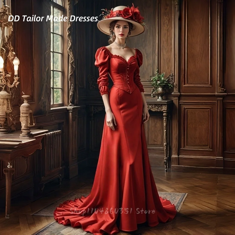 Suknia wieczorowa w stylu vintage, czerwona, z długim rękawem, trenem typu court, satynowa, elegancka, na przyjęcie, szyta na miarę, gorsetowa, w stylu wiktoriańskim, na studniówkę.