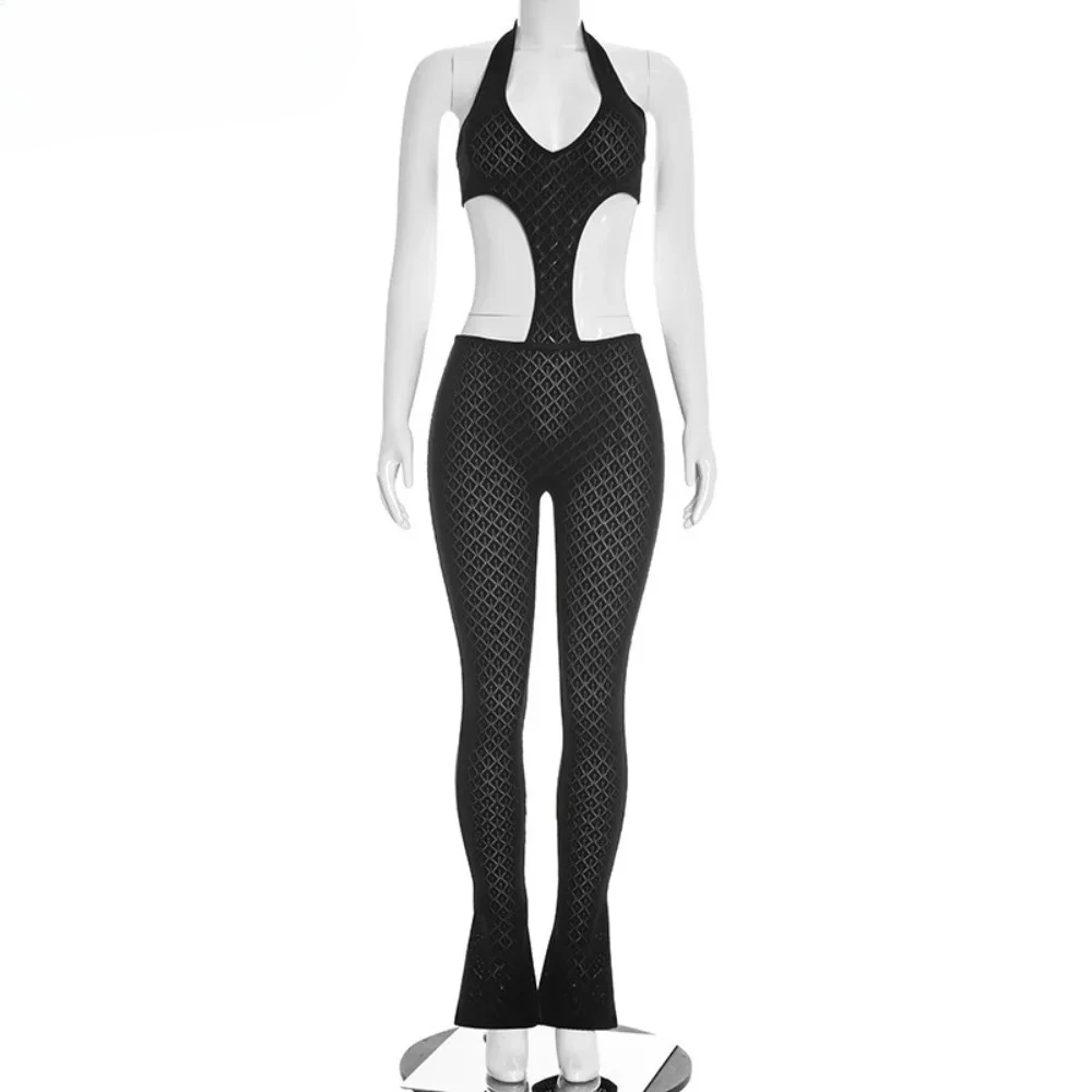 Combinaisons moulantes sexy en dentelle ajourée et patchwork 2026 pour femme, style licou, transparentes, dos nu, streetwear, salopettes