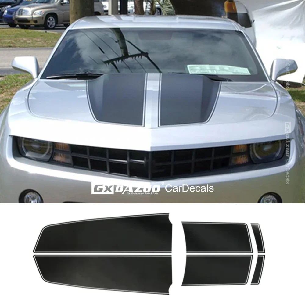 For- 2010 Camaro Rally Stripes Carbon Black Vinyl Graphics R-SPORT | 2010-2015 Hood Trunk Kit Premium Auto Vinyl Decals