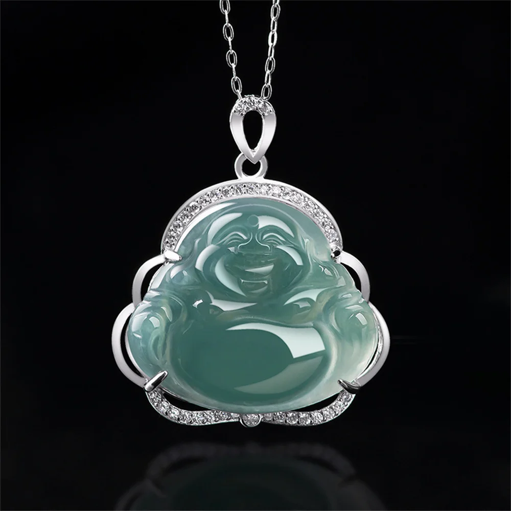 925 Silver Natural Ice Green Jadeite Carved Buddha Lucky Pendant S925 Amulet Necklace Certificate Charm Trendy Gift Jewelry