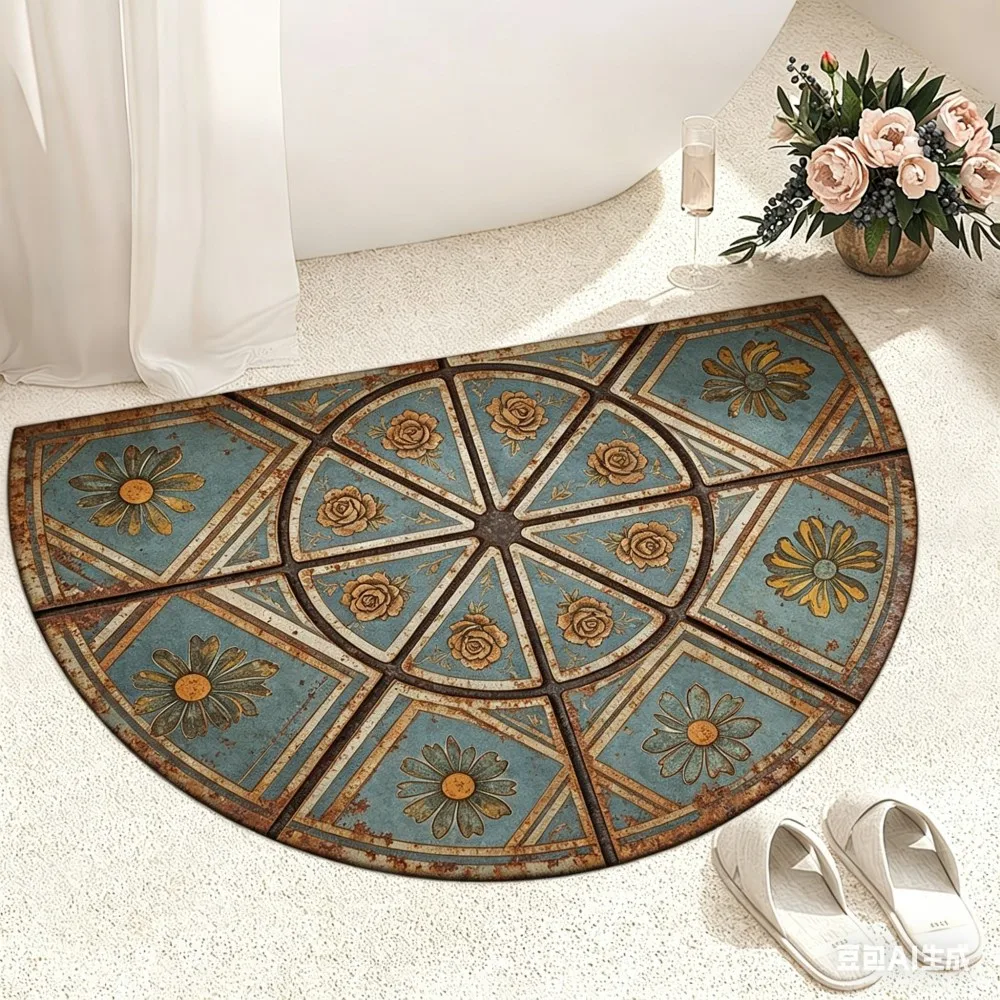 Tapis d'entrée semi-circulaire en mosaïque marocaine, tapis de bienvenue géométrique bohème, bleu sarcelle et or, antidérapant, pour la décoration de la maison et du porche