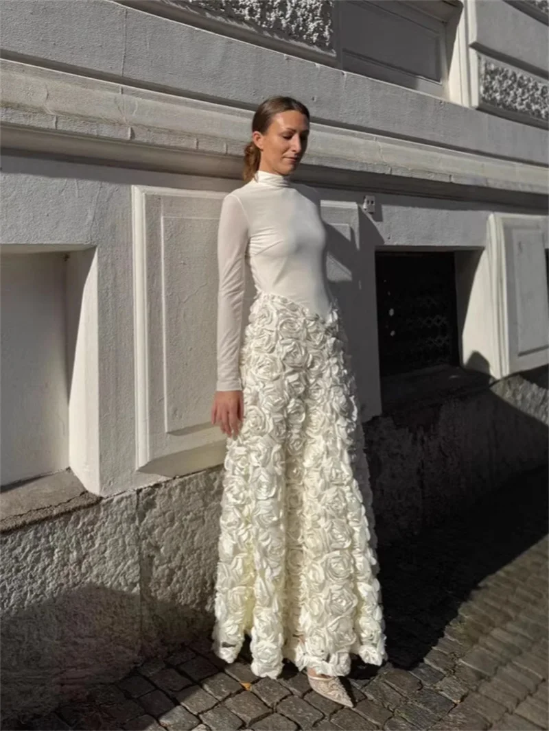 

Ivory Prom Dress Elegant High Neck Full Sleeves 3D Flower Long A Line Party Gown Formal Wedding Guest Birthday Evening Robe