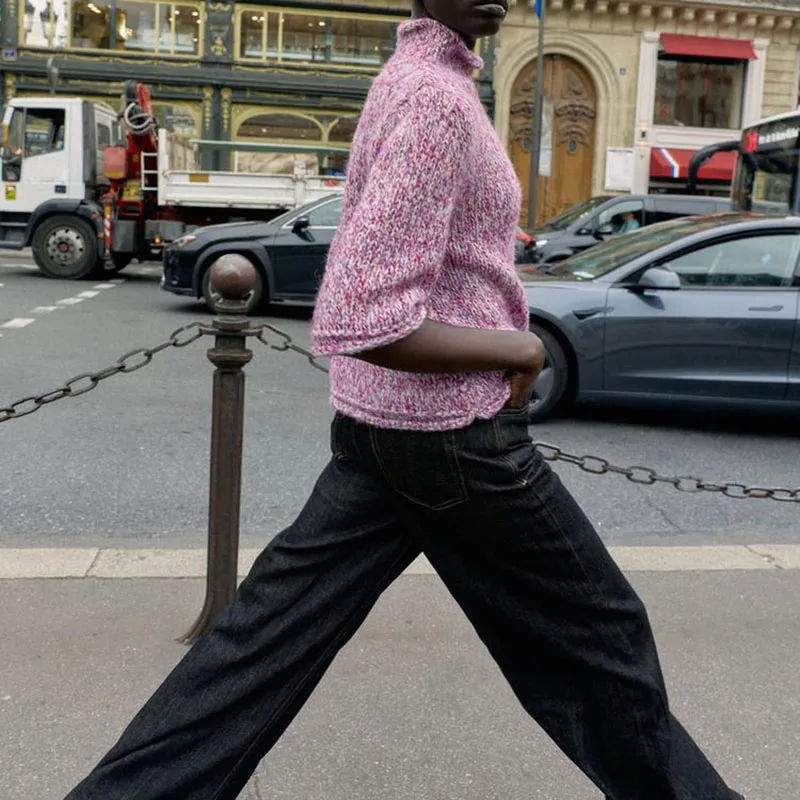 New Autumn Women's Knitted Sweater Pure Color Stand Collar Casual Patchwork Sle Seven Sve Length Regular Fit for Teens