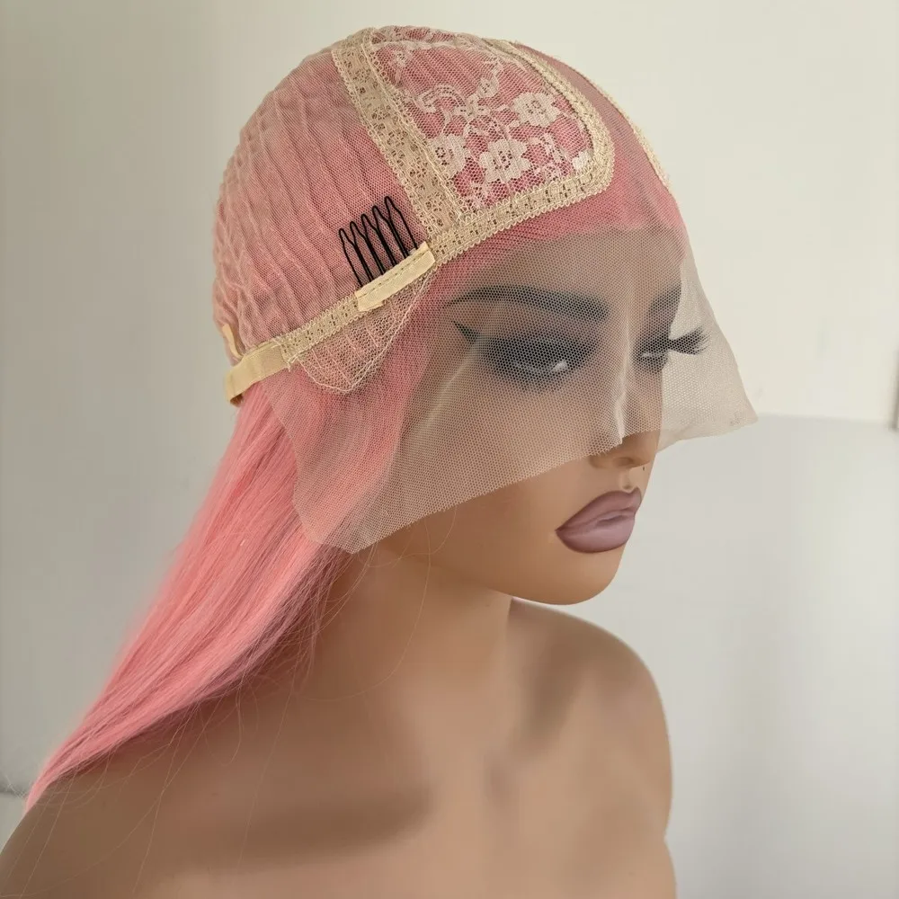 شعر مستعار ناعم بدانتيل أمامي على شكل حرف T بطبقات طويلة مستقيمة ومقاومة للحرارة باللون الوردي