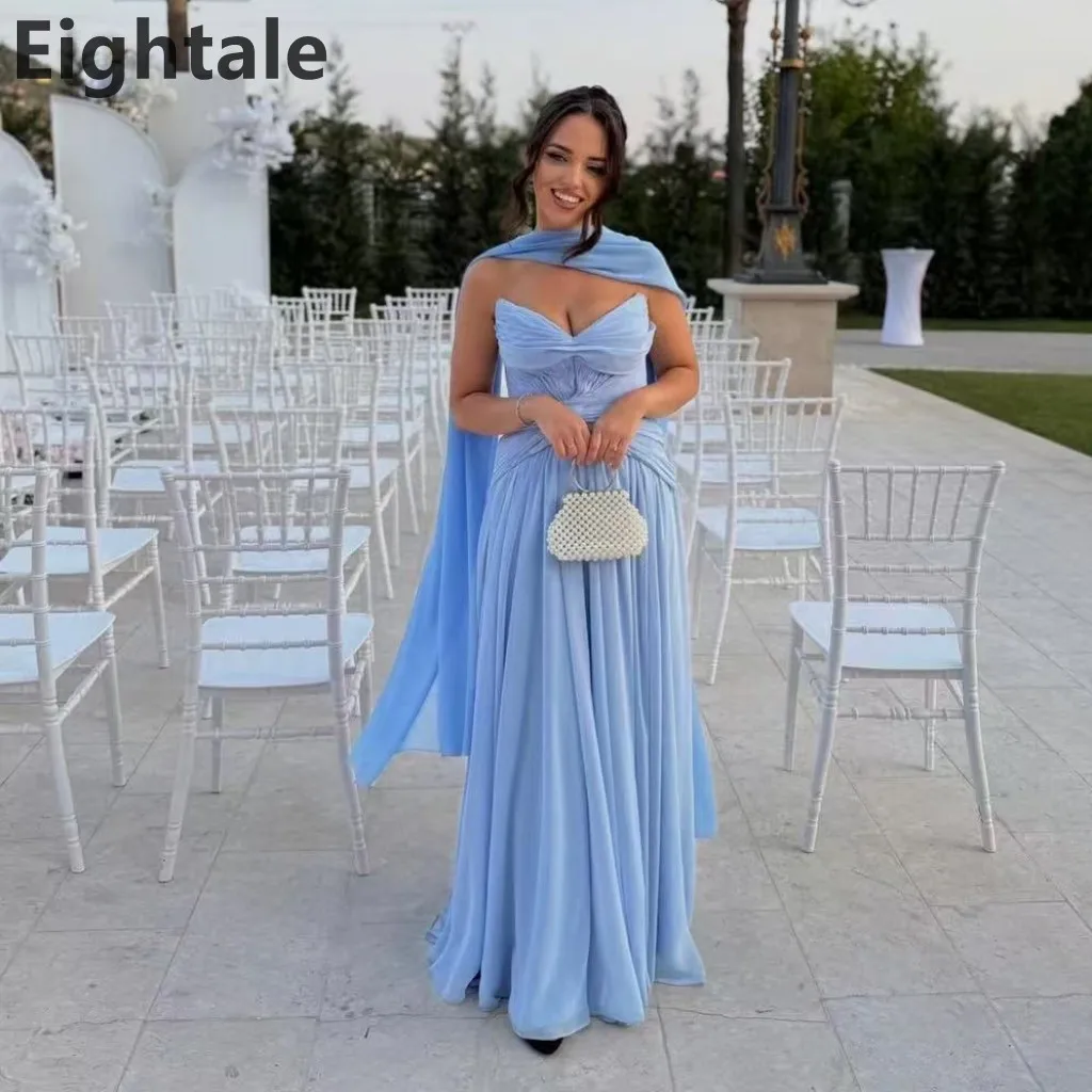 

Eightale 2025 Sky Blue A Line Chiffon Maxi Evening Dress With Wrap Saudi Arabic Prom Dress Dubai Party Gown Customized