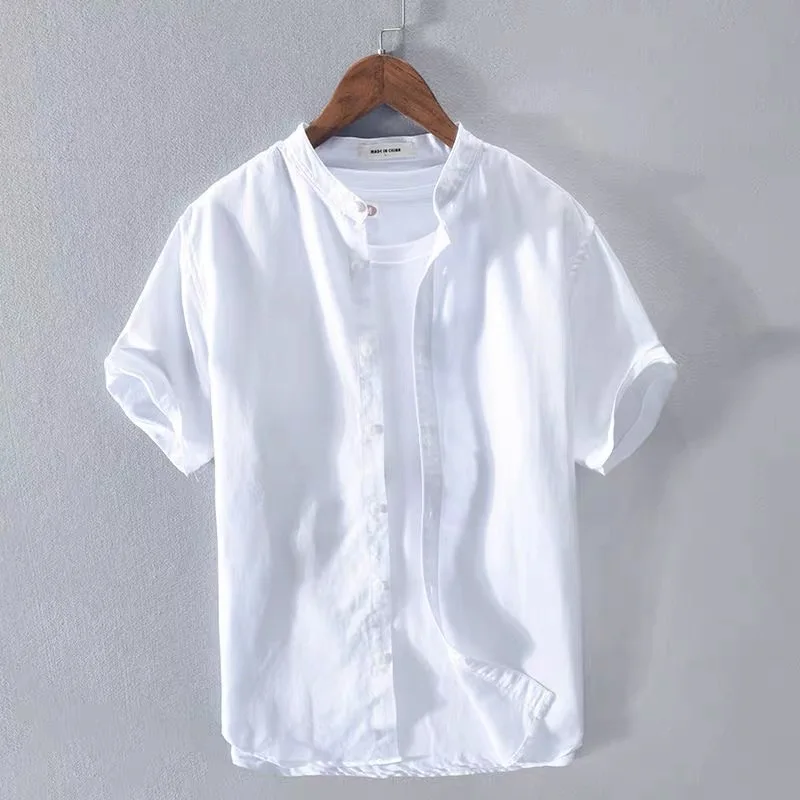 

Summer Men's Casual Cotton Linen Shirt round Neck Pure Color Beach Loose Fit Artistic Style Short Sleeve Breathable Skin-Frie...