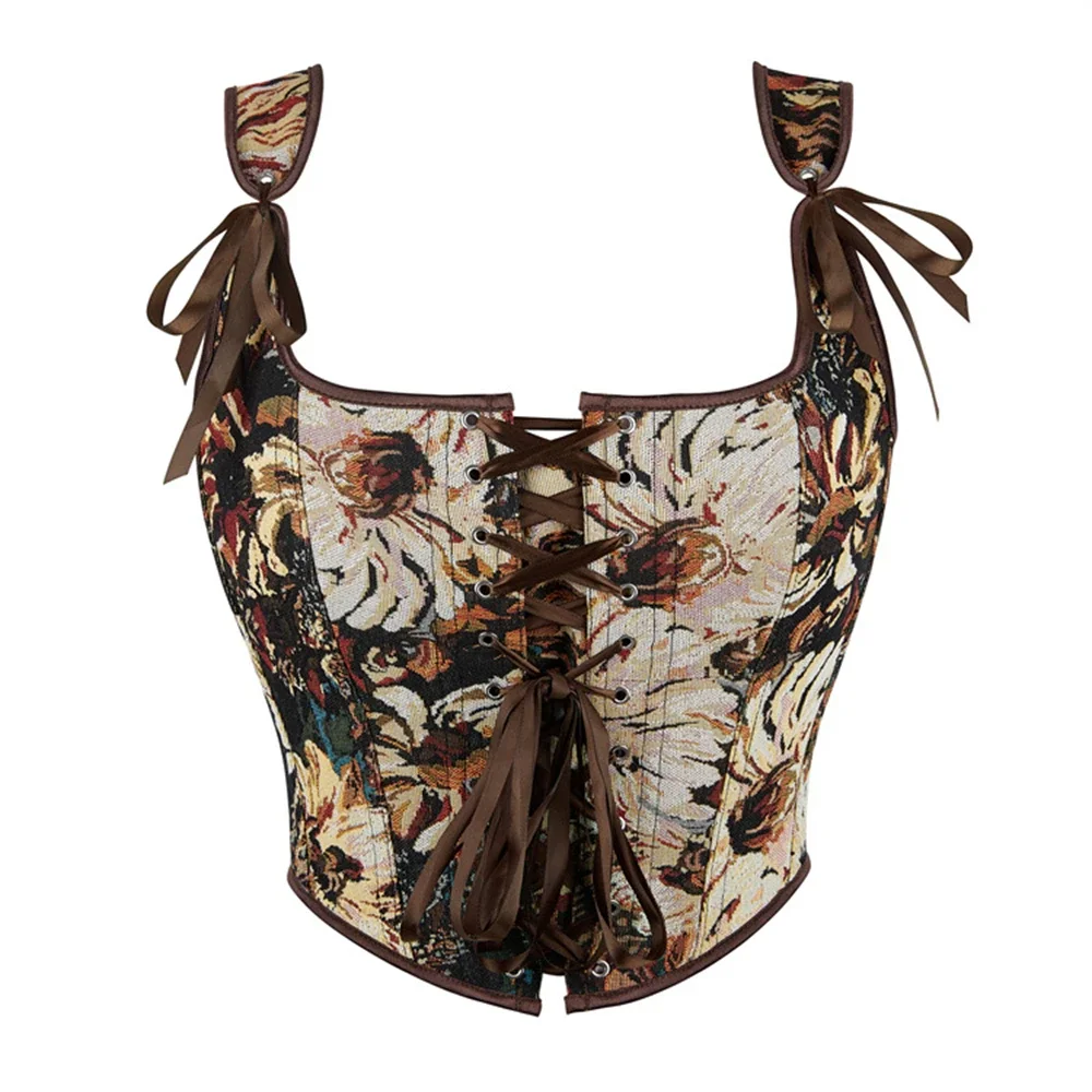 

Women Corset with Straps Lace Up Bones Bustiers Crops Top Floral Print Vintage Shaping Slimming Corselet Vest Streetwear