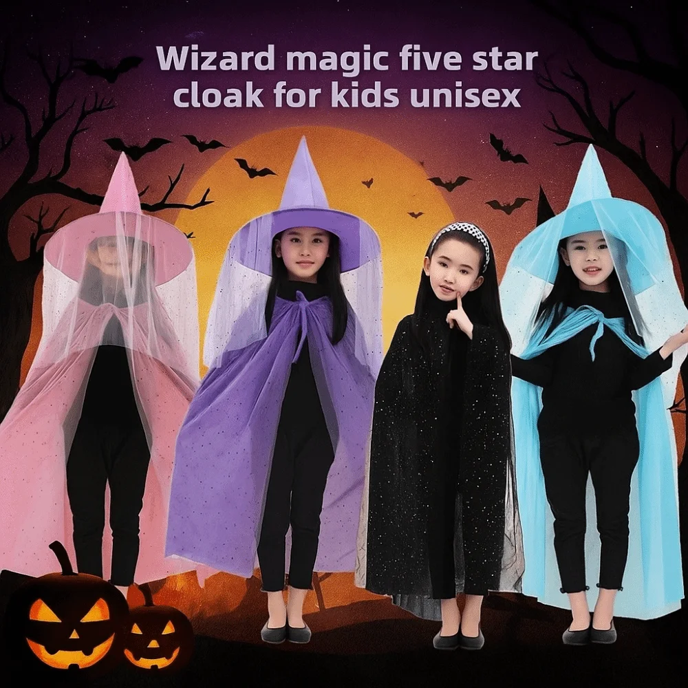 Jubah Halloween Dua Lapis Manis dengan Topi, Jubah Kostum Anak Halloween Berbahan Jala Bintang, Set Jubah Cosplay dengan Topi untuk Pertunjukan